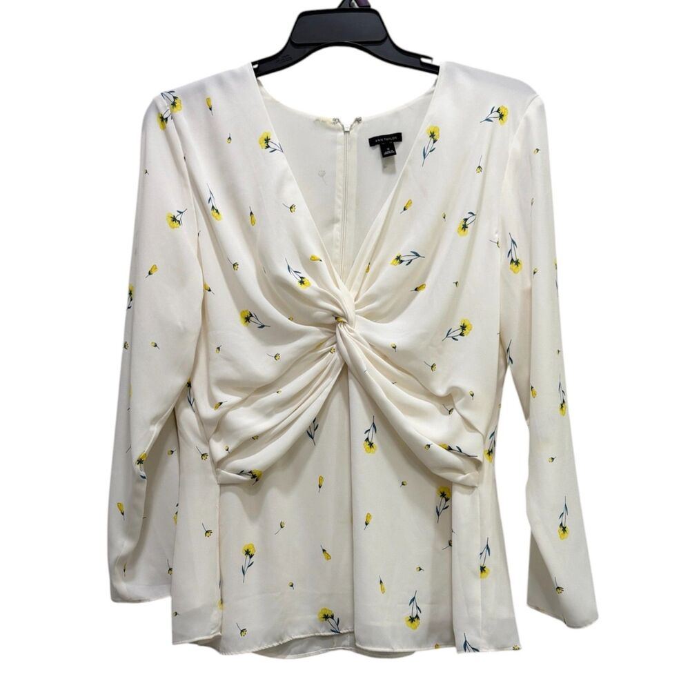 Ann Taylor Womens White Floral Print Knotted Front Blouse Size 12